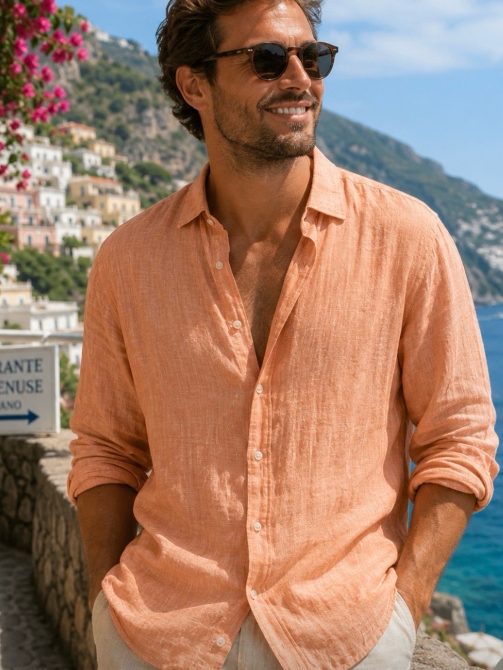 Etro Made In Italy Linen Shirt Mens Orange Button Front Long Sleeve 46